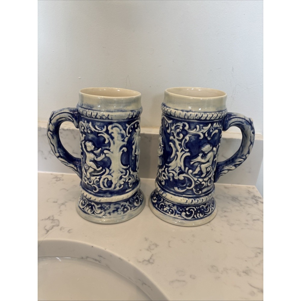 Vintage‎ Cobalt Beer Stein Set Gerz-style Unmarked Victorian Couple Cherubs EUC